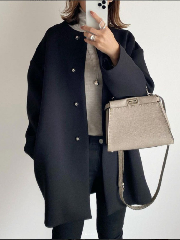 Japan Style Office Lady Elegant Solid Wool Coats Loose Casual Covered Button Jacket Autumn Winter All-match Blends Outwear