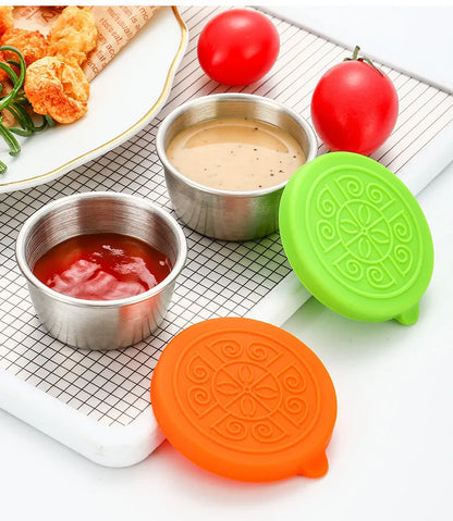 6 Pcs Set Leakproof Stainless Steel Dipping Sauce Cups Food Containers Reusable Salad Dressing Container Silicone Stretch Lids