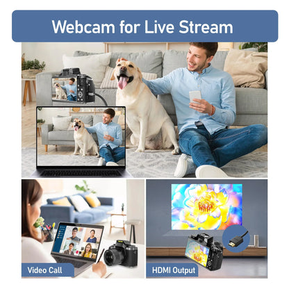 4K DSLR Cameras for Photography 64MP WiFi Auto Focus YouTube Vlogging Video Cameras 60FPS Livestream Camcorder 4" Touch Screen