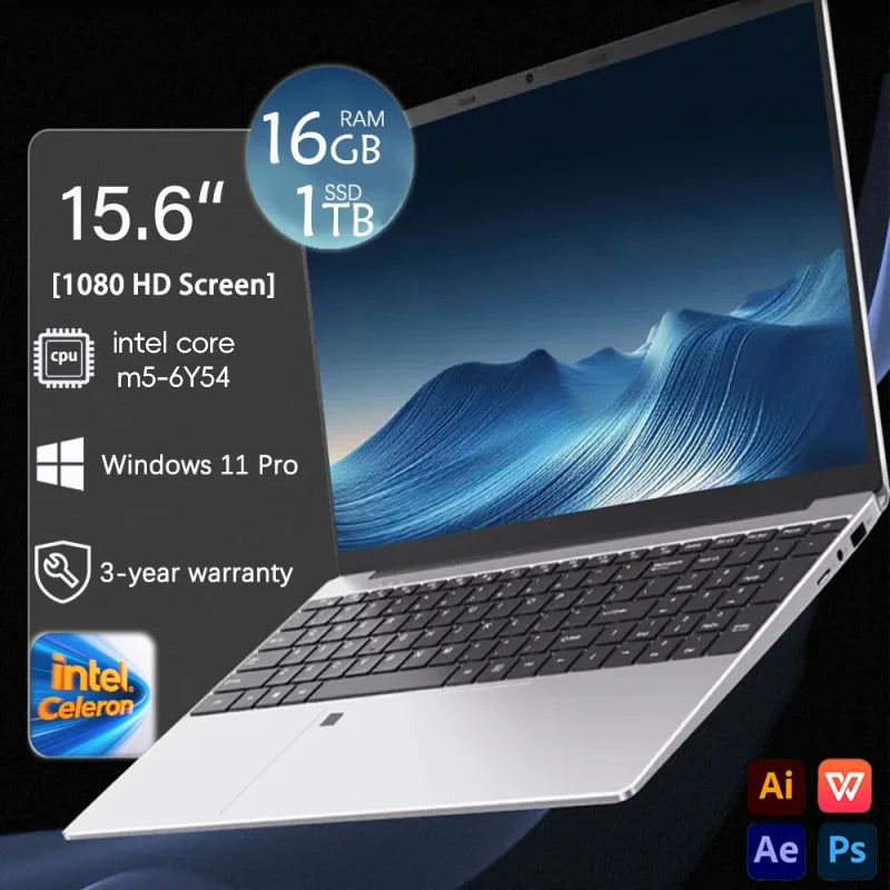 2025 New Notebook 15.6 Inch Laptop Windows 11 Intel Core m5-6Y54 16GB RAM 1TB SSD Fingerprint Unlock Study Office Pc Laptops