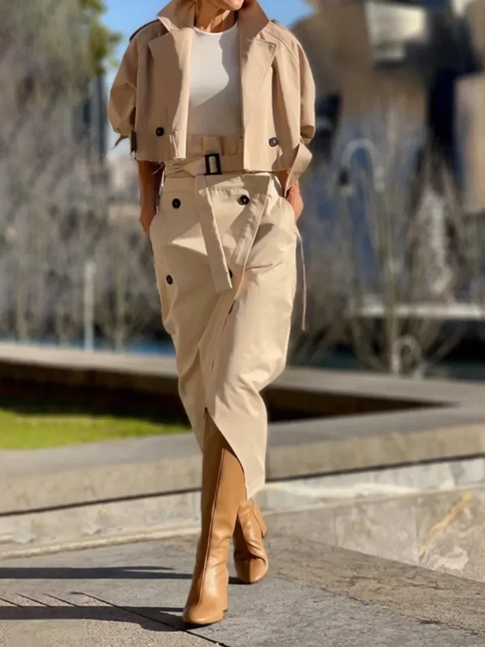 Fashion Two Piece Sets Outfits Office Lady Tracksuit Street Wear Cargo Set Long Sleeve Jacket and Wrap High Split Skirts Suit
