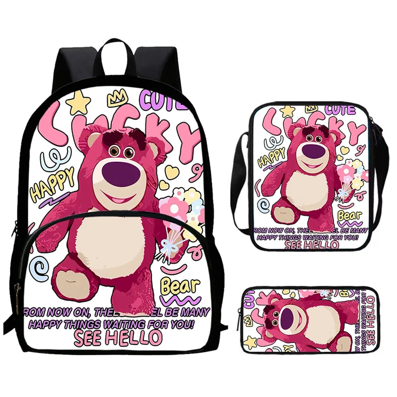 Child School Backpack with Front Pocket,Shoulder Bag,Pencil Bag for Aged 5-10,Cartoon Strawberry Bear School Bags for Boys Girls