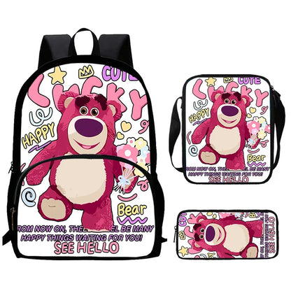 Child School Backpack with Front Pocket,Shoulder Bag,Pencil Bag for Aged 5-10,Cartoon Strawberry Bear School Bags for Boys Girls