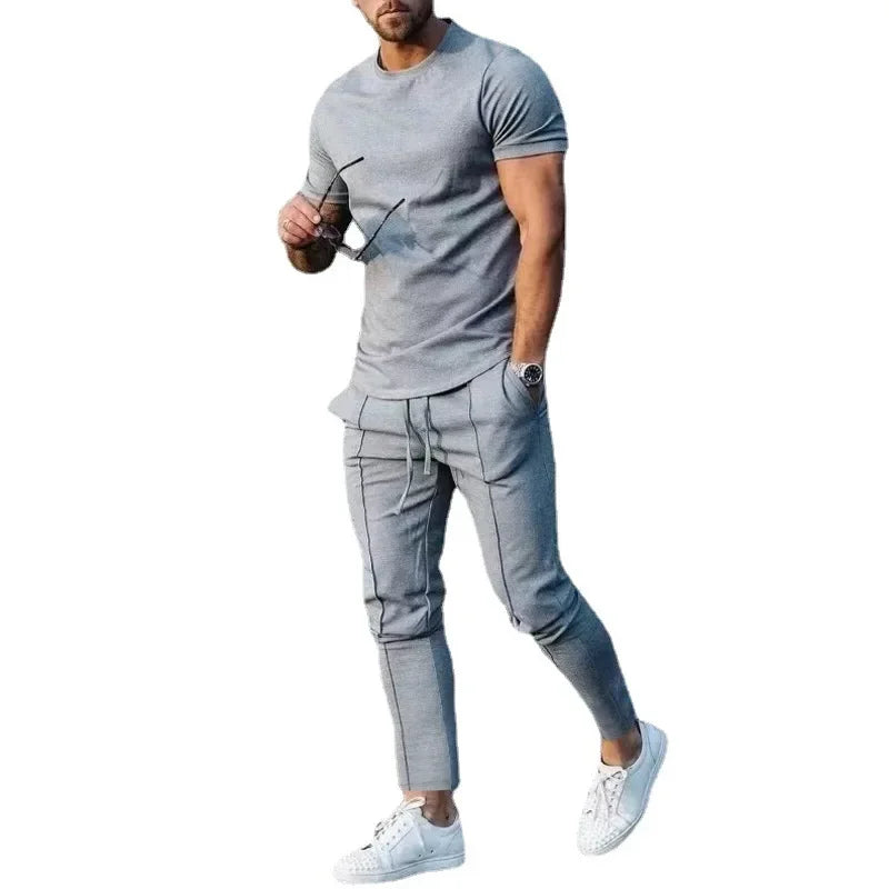 Sports Set Mens Fall 2023 Summer Solid Casual Round Neck Short Sleeve Sports T-shirt Two Piece Set for Men