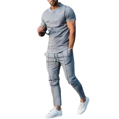 Sports Set Mens Fall 2023 Summer Solid Casual Round Neck Short Sleeve Sports T-shirt Two Piece Set for Men