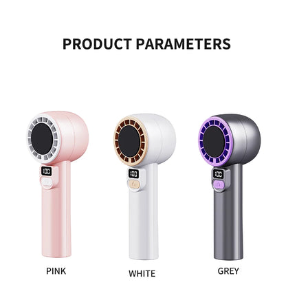 Digital display handheld fan with outdoor portability, USB rechargeable, featuring strong wind power, extended battery life.