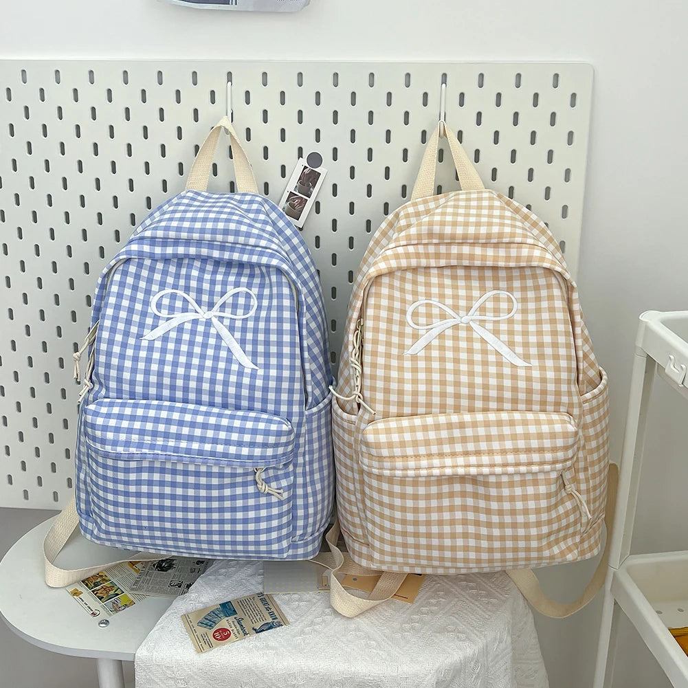 Cute Bowknot Plaid School Backpack Lightweight School Bag Nylon Student Rucksack for Girls Women High School College Work