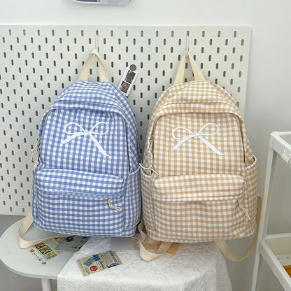 Cute Bowknot Plaid School Backpack Lightweight School Bag Nylon Student Rucksack for Girls Women High School College Work