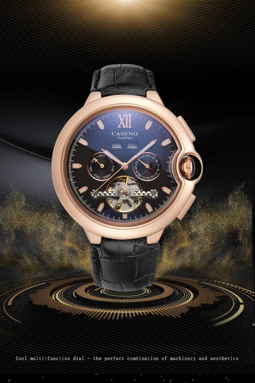 CASENO Fashion Trend Men's Blue Light Glass Night Light Scale Multi functional Fully Automatic Tourbillon Mechanical Watch 831BG