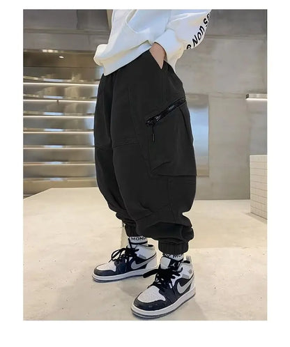 Boys Spring Autumn Children's Clothing Cargo Pants Children's Casual Large Size Sweatpants Boys Fashion Fake Zippers Cargo Pants