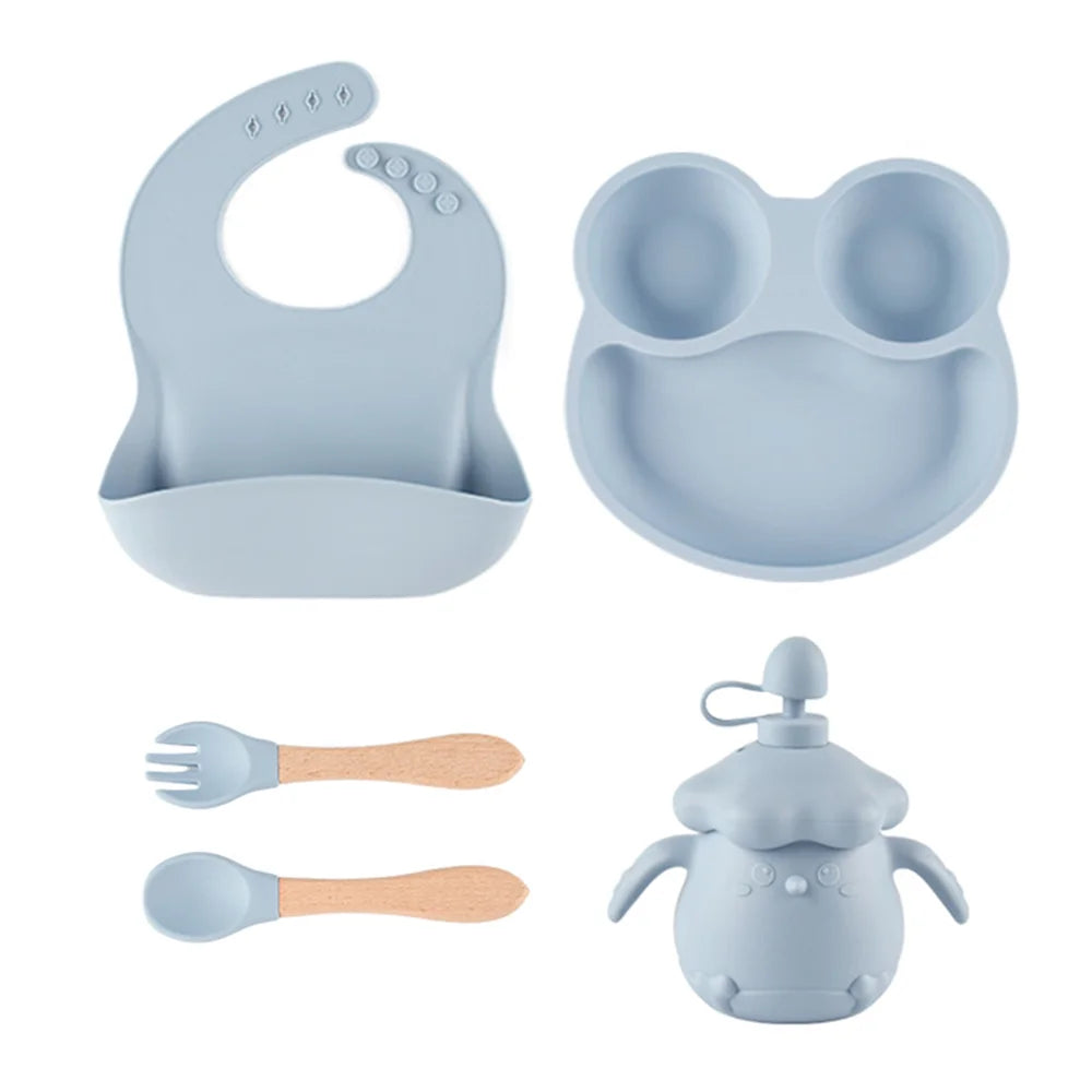 4PCS Silicone Children Tableware Baby Feeding Set Silicone Dinner Plate Wood Handle Spoon Fork Silicone Bibs BPA Free