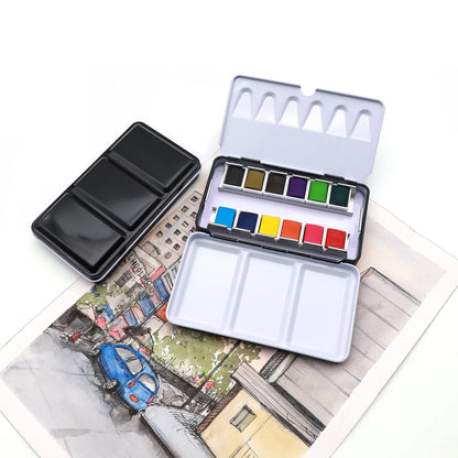 Artecho NEW Art Supplies Paint Set Tin Box Palette Solid Watercolor Set With 12 Essential Colors
