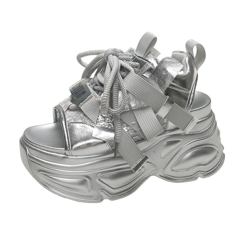 8.5cm Summer Women Leather Chunky Sandals High Platform Trainers Breathable Casual Slippers Shoes New Woman Heels Wedge Sneakers