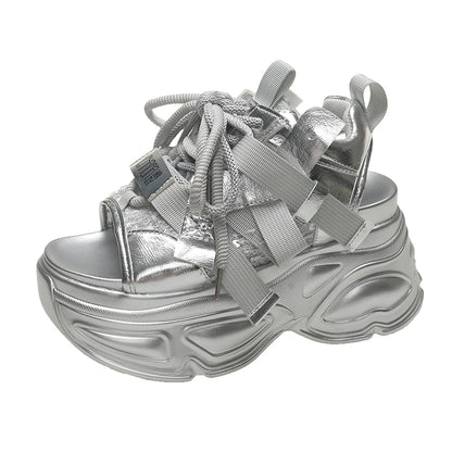 8.5cm Summer Women Leather Chunky Sandals High Platform Trainers Breathable Casual Slippers Shoes New Woman Heels Wedge Sneakers