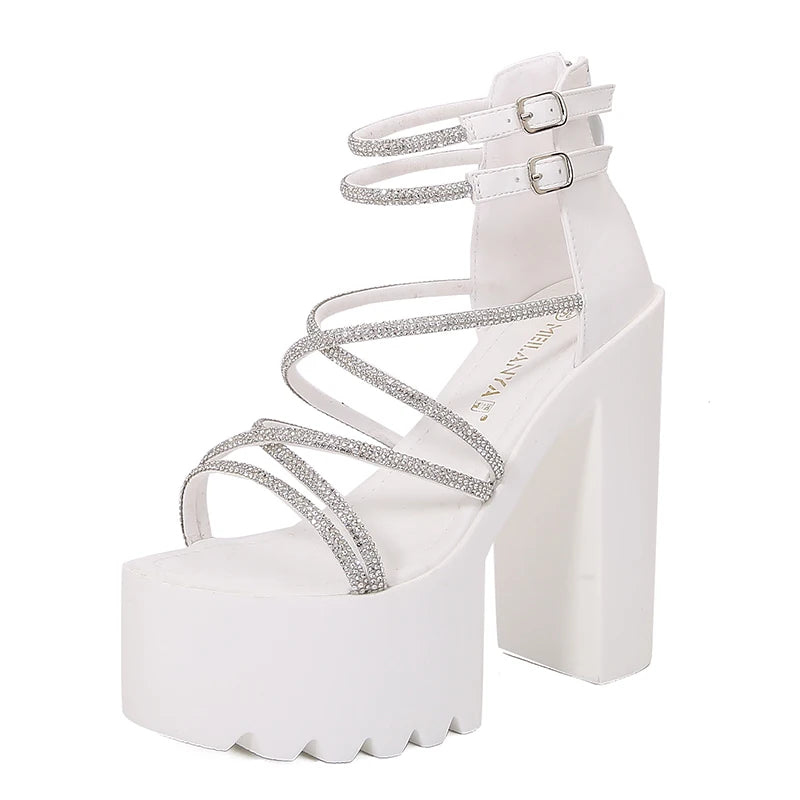 Car Model Catwalk Banquet Performance Women's Shoes 16 Cm Waterproof Pole Dance Crystal 15CM High Heel Chunky Sandals