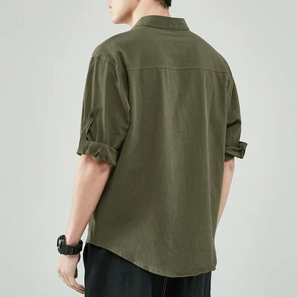 Line Shirt Men's Short-sleeved White Shirt Loose Chinese Style Summer Cotton Linen Casual Jacket Men's Quarter-sleeved Top