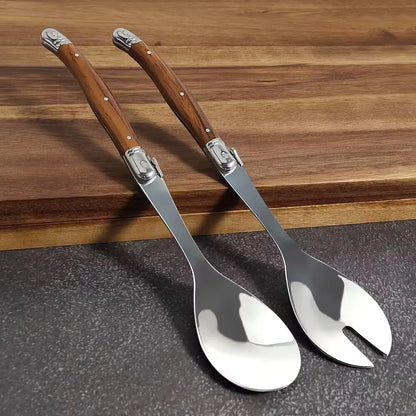 2pc/Set Stainless Steel Salad Spoons Laguiole Style Salad Stirring Spoon Slotted Spoon Wood Grain Plastic Salad Serving Utensils