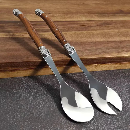 2pc/Set Stainless Steel Salad Spoons Laguiole Style Salad Stirring Spoon Slotted Spoon Wood Grain Plastic Salad Serving Utensils