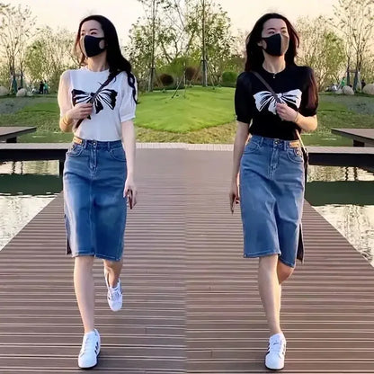 Skirts for Women To Knees Length Womens Skirt Jeans Denim Pencil Clothing with Slit Y2k Trend High Quality Summer 2024 Fashion V