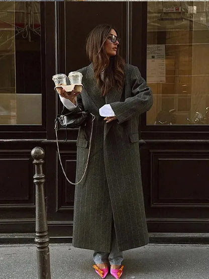 Retro Striped Lapel Woolen Long Coat Women Casual Loose Dark Grey Oversize Coats Female Winter Elegant Chic Outwear