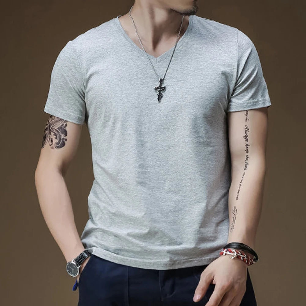 Mens T Shirt Solid Colour V Neck Short Sleeve Top T Shirt Leggings Gym Wear