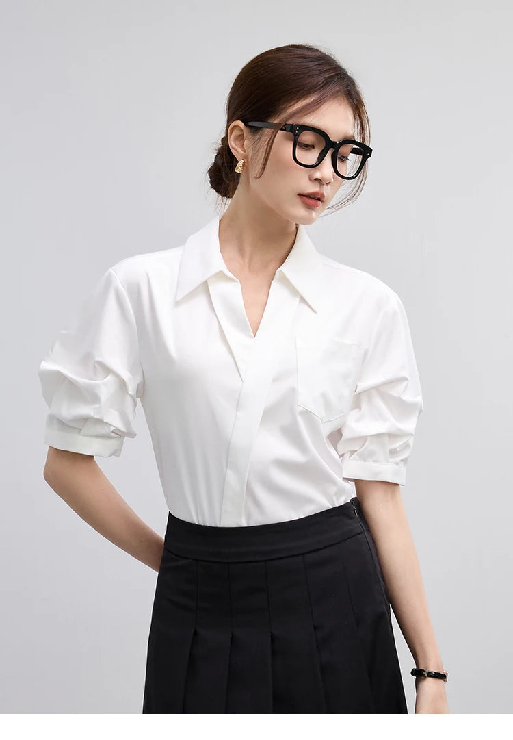 Office Lady Basics Fashion White Shirts New Women Summer Work Solid V Neck Tops Blouses French Design Interview Shirt Cotton