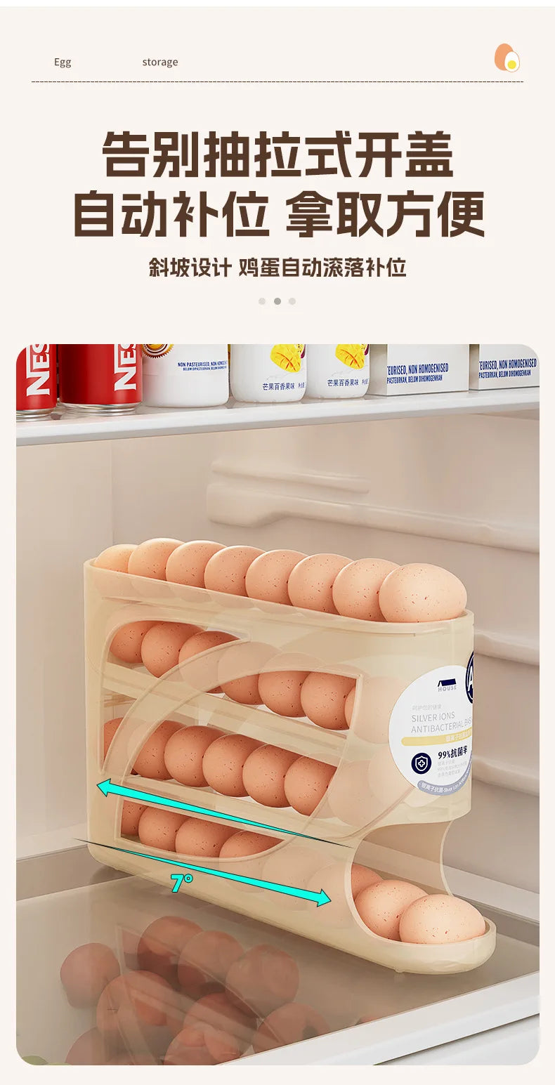 Large Capacity 30 Eggs Holder for Fridge Auto Rolling Egg Organizer, Space-Saving, 4 Tiers Fridge Egg Rack Eggs Dispenser