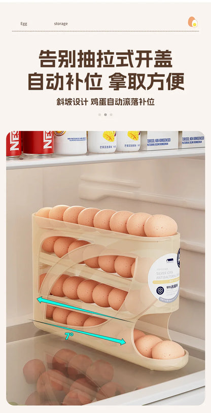 Large Capacity 30 Eggs Holder for Fridge Auto Rolling Egg Organizer, Space-Saving, 4 Tiers Fridge Egg Rack Eggs Dispenser