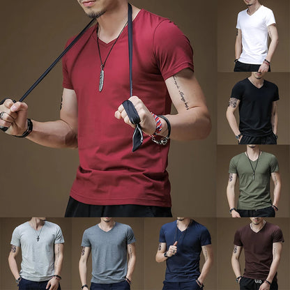 Mens T Shirt Solid Colour V Neck Short Sleeve Top T Shirt Leggings Gym Wear