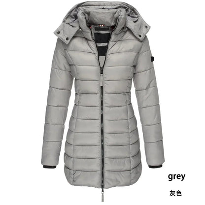Winter Women's Cotton Jacket Medium Length Slim Fitting Cotton Jacket Warm Solid Hooded Cotton Jacket