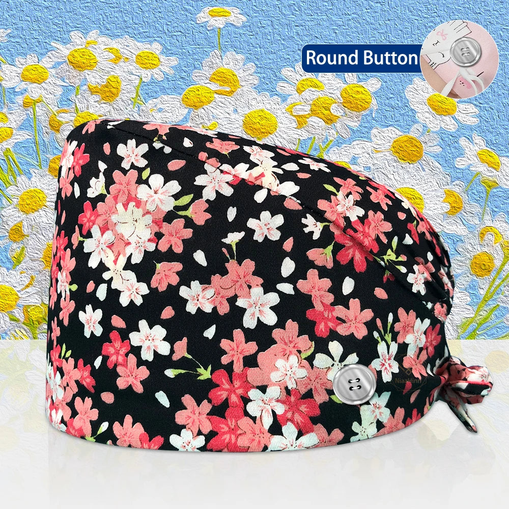 Cotton Lab Work Scrubs Caps Flower Printing Medical Scrubs Women Surgical Caps Health Service Caps Operator Hats Nursing Hats