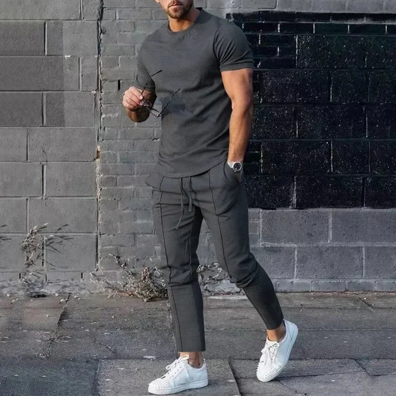 Sports Set Mens Fall 2023 Summer Solid Casual Round Neck Short Sleeve Sports T-shirt Two Piece Set for Men