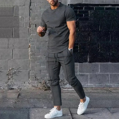 Sports Set Mens Fall 2023 Summer Solid Casual Round Neck Short Sleeve Sports T-shirt Two Piece Set for Men