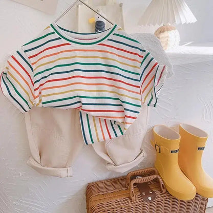 Baby Girls T-shirt Summer New Thin Colorful Stripe Kids Babys Girls Tops Casual Versatile Short Sleeves Children Boys Shirts