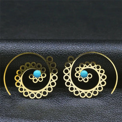 Vintage Ethnic Indian Carved Mandala Flower Dangle Earrings Stainless Steel Stone Boho Hollow Earring Jewelry pendientes flor