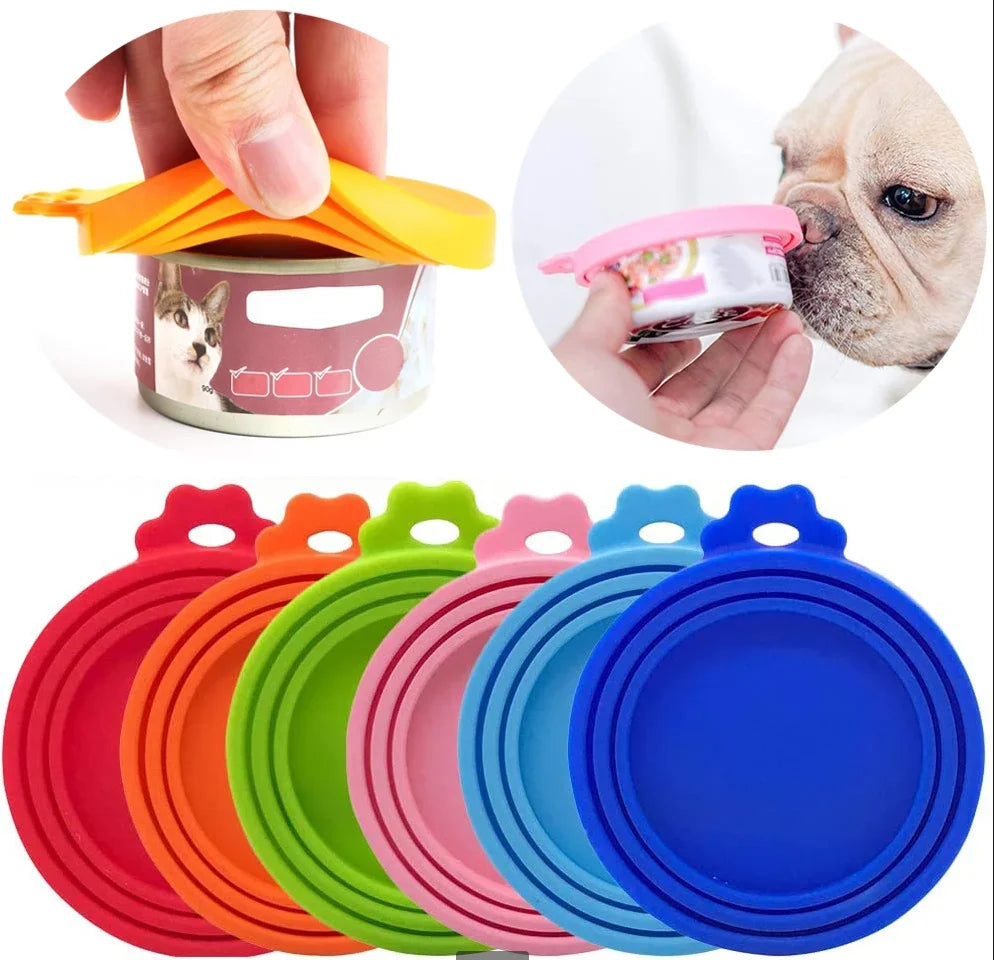 2sets Random Color Silicone Pet Can Lid Reusable Food Storage Keep Fresh Tin Cover Cats Dogs Food Health Supplies Lid and spoon