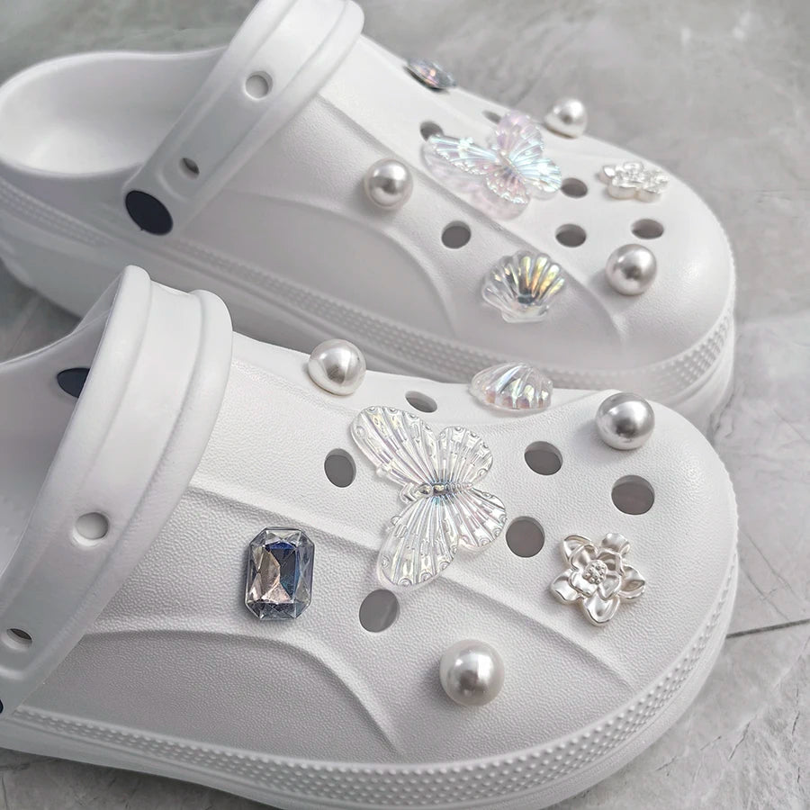 1 set 14pcs Transparent White Pearl Diamond Flower Shoes Decoration Charms Suitable For CROCS Clogs
