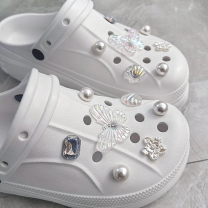 1 set 14pcs Transparent White Pearl Diamond Flower Shoes Decoration Charms Suitable For CROCS Clogs