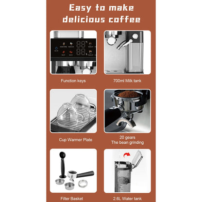 Espresso and Cappuccino Coffee Machine - 20 Bar Double Boiler Latte Coffee Maker, 4 in 1 Multifunction with LED Touch Controls