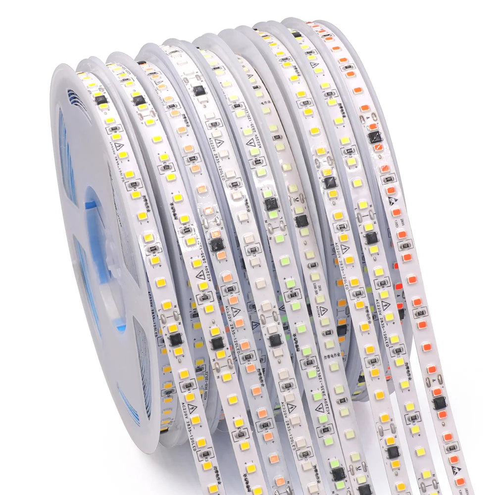 5m 10m 20m 50m LED Strip Light AC 220V 230V 240V IP55 2835 120 LEDs Flexible Ribbon Rope Lights Tape 9 Colors Home Decoration