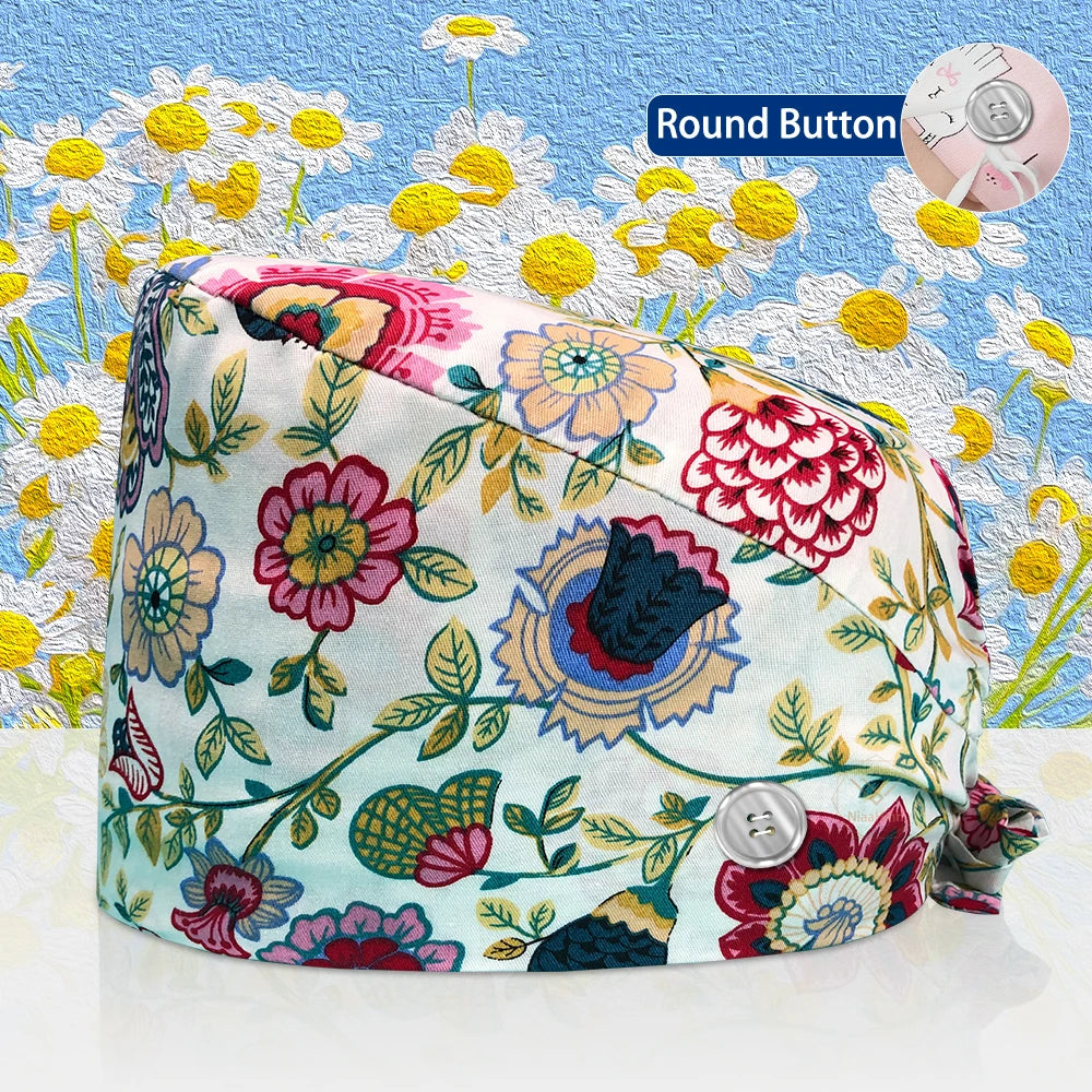 Cotton Lab Work Scrubs Caps Flower Printing Medical Scrubs Women Surgical Caps Health Service Caps Operator Hats Nursing Hats