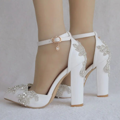 2025 Thick Heel Pointed Toe Shoes Large Size  Thick Heel Sandals Women Rhinestone Wedding Shoes Women White Wedding Shoes Drill
