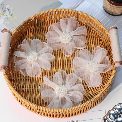 Fabric Hair Accessories For Clothing Bags Decorative Parches Applique Pearl In Center 3D ROSE Burnt Tulle Organza Hair Flower
