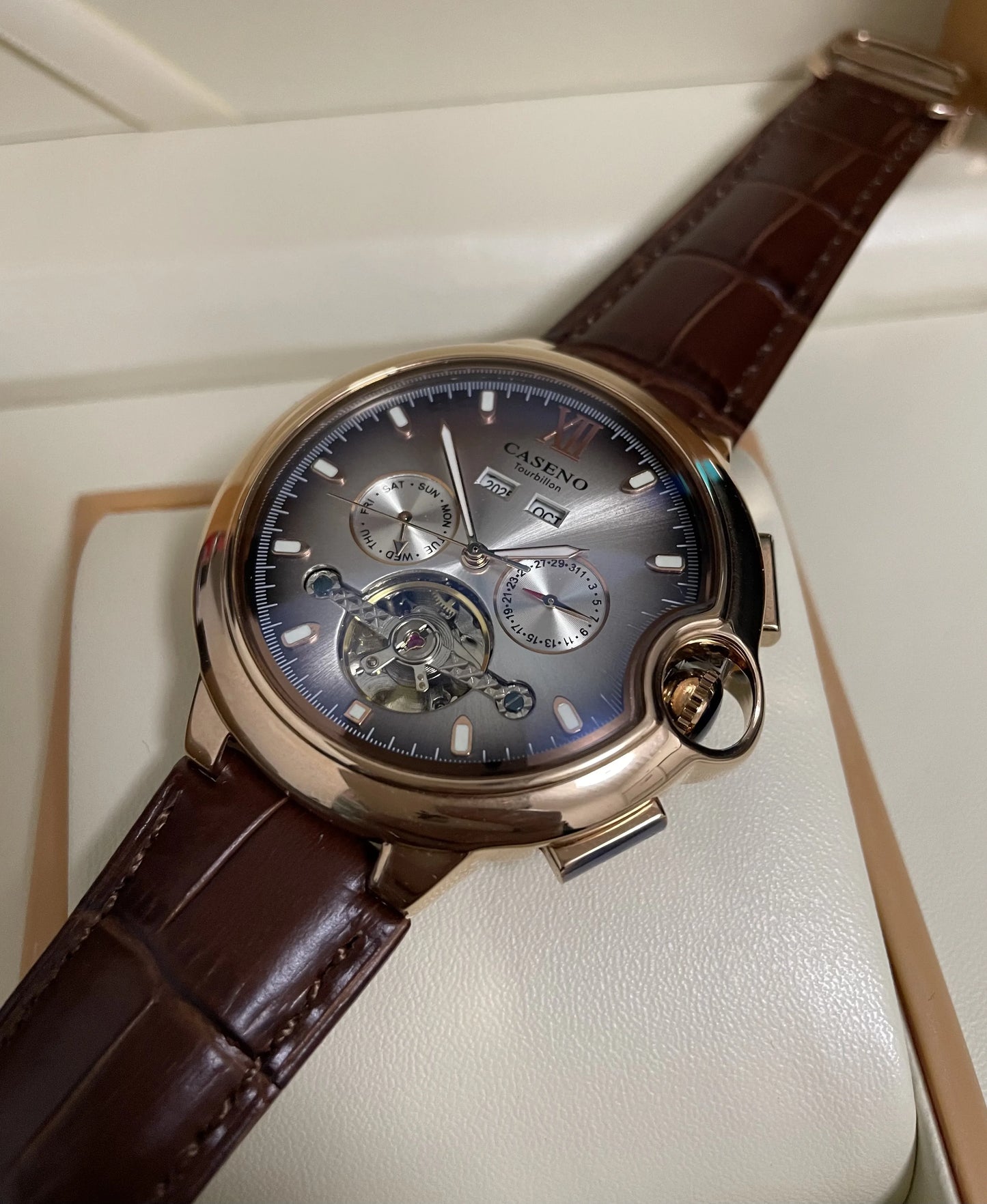 CASENO Fashion Trend Men's Blue Light Glass Night Light Scale Multi functional Fully Automatic Tourbillon Mechanical Watch 831BG