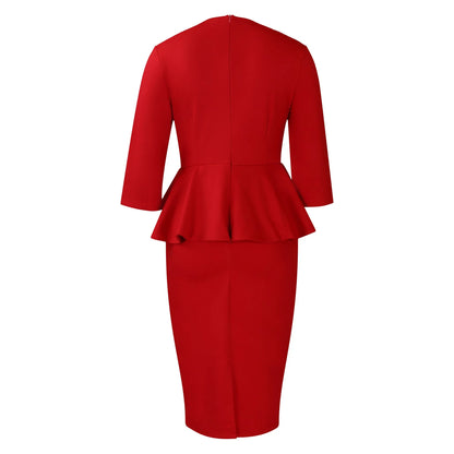 Elegant Office Dresses for Woman O Neck Full Sleeve Sheath Ruffles Package Hips Mid Calf Professional Business Work Dress Midi