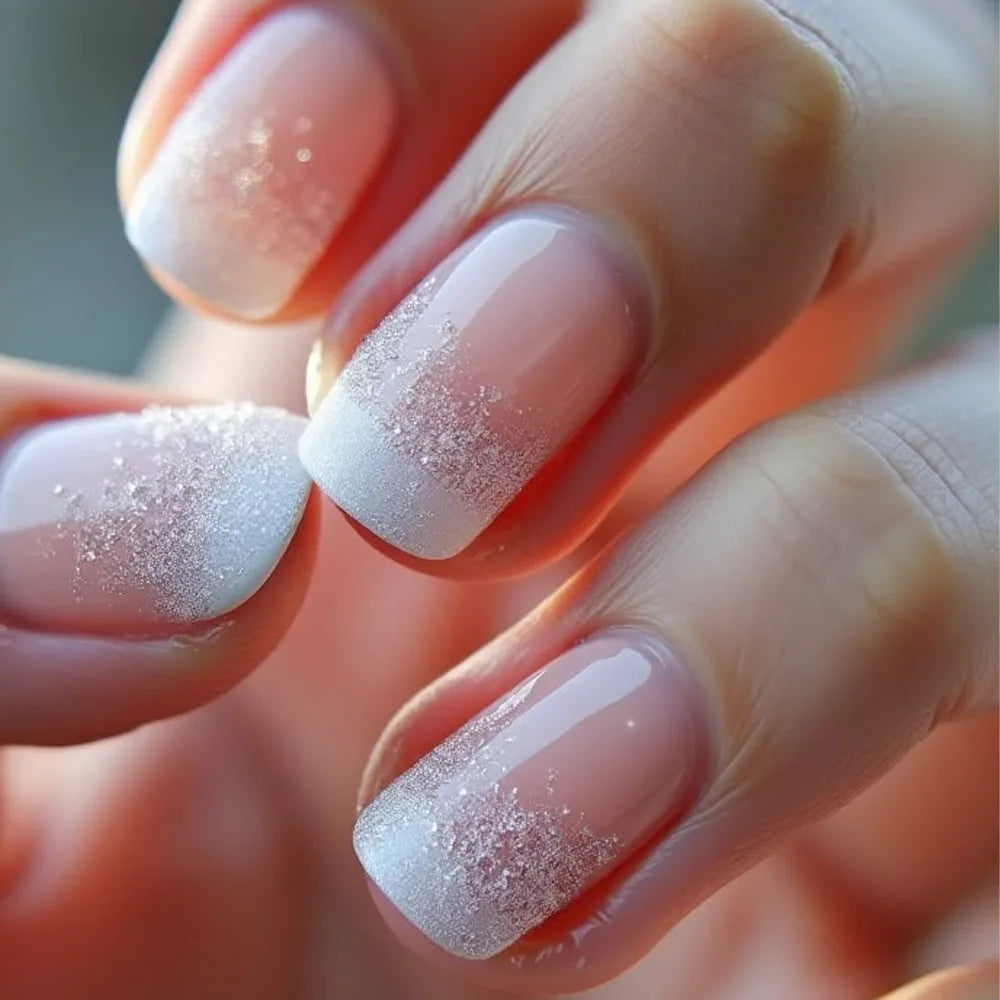 24Pcs Short Square Coffin False Nails Square Fake Nails with Glue French Glitter Wearable Acrylic Nails Set Press on Nail Tips