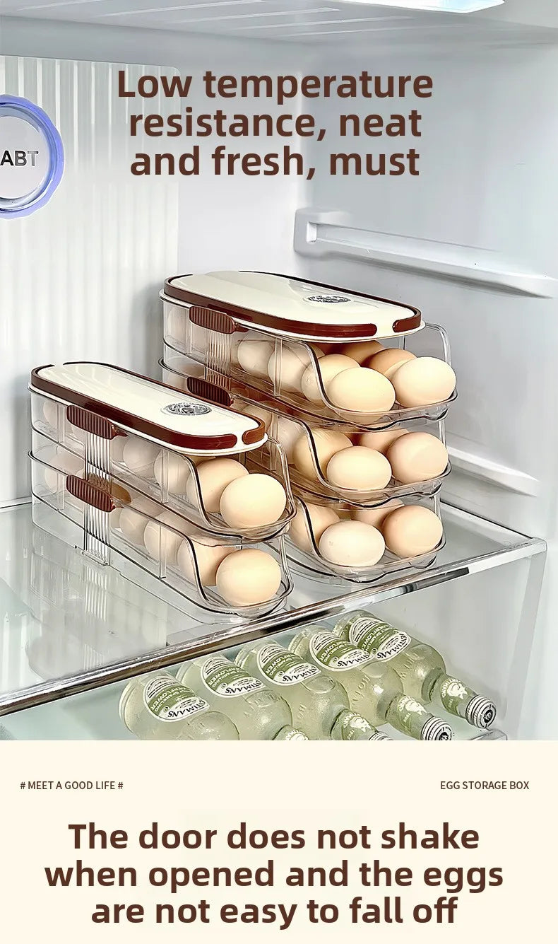Smart Egg Storage Box - Slide-Out Drawer & Gravity Roller Design with Hidden Handle, Stackable Fridge Organizer for Side Door