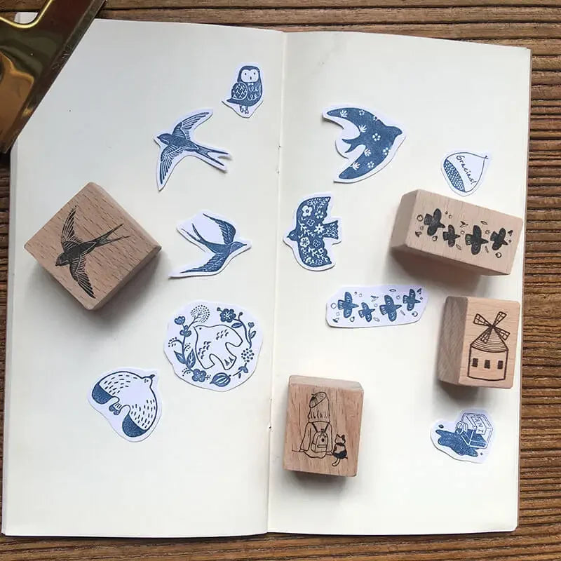 Stamp Scrapbooking Supplies Flower Petal Birds Stationary Kawaii Wooden Stamps