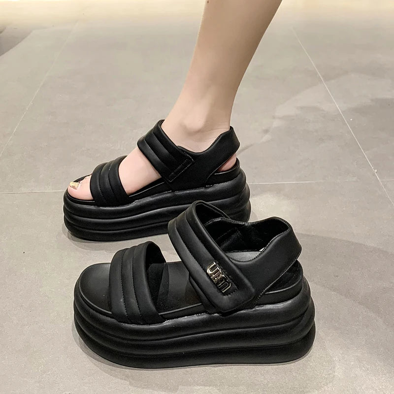 2025 Summer Women Chunky Sandals Leather High Platform Trainers Breathable Casual Slippers Shoes Woman 8.5CM Heels Wedge Sneaker