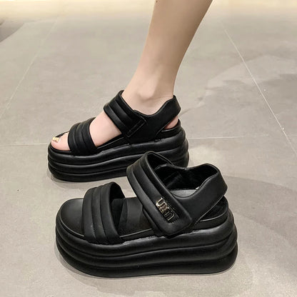 2025 Summer Women Chunky Sandals Leather High Platform Trainers Breathable Casual Slippers Shoes Woman 8.5CM Heels Wedge Sneaker